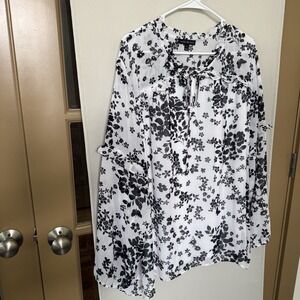 Lane Bryant‎ Womens 24 White Black Floral Ruffle Trim Keyhole Long Sleeve Blouse